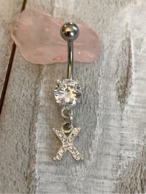 CLEAR GEM LETTER X INITIAL DANGLE BELLY BUTTON RING NAVEL RING PIERCING NEW 14G